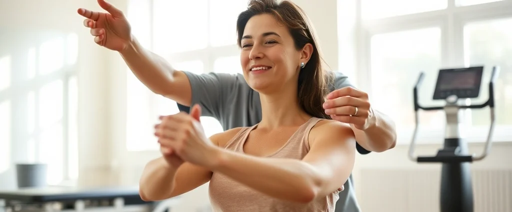 Person performing physical therapy exercises in a bright clinic with therapist guiding movement, natural sunlight through windows, peaceful expression on patient's face, modern rehabilitation equipment visible