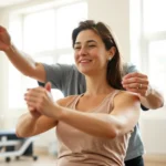 Person performing physical therapy exercises in a bright clinic with therapist guiding movement, natural sunlight through windows, peaceful expression on patient's face, modern rehabilitation equipment visible