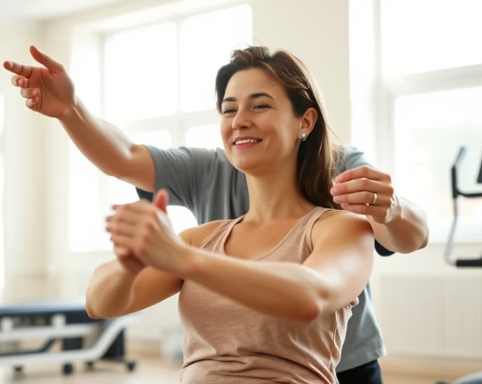 Person performing physical therapy exercises in a bright clinic with therapist guiding movement, natural sunlight through windows, peaceful expression on patient's face, modern rehabilitation equipment visible