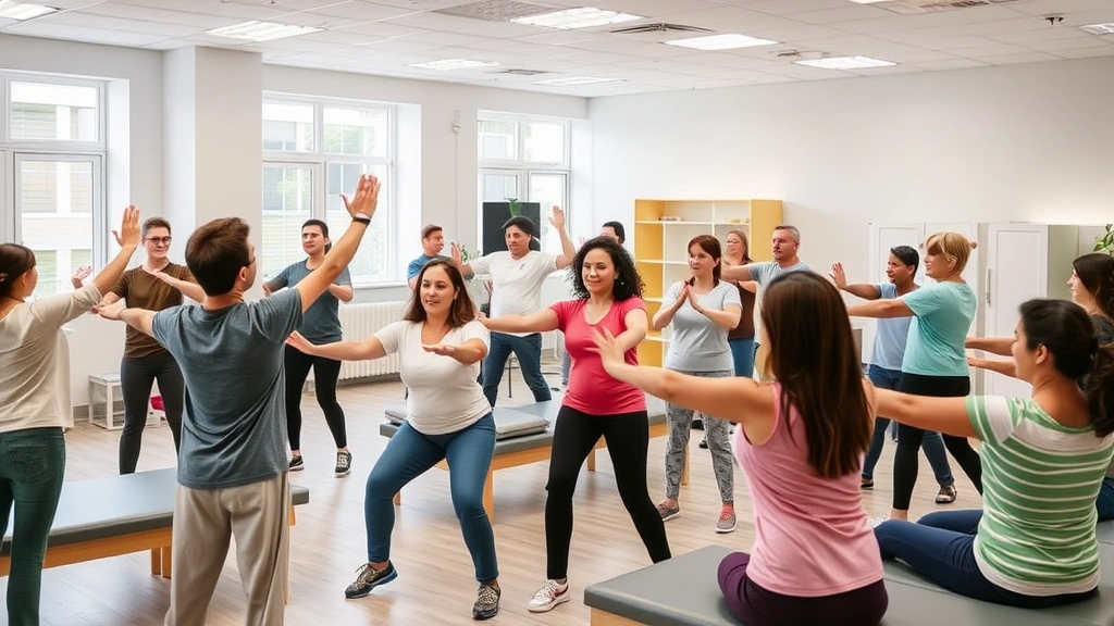 Group physical therapy session with diverse patients performing exercises together in spacious clinic, supportive community atmosphere, people smiling and encouraging each other, bright clean space with therapy equipment