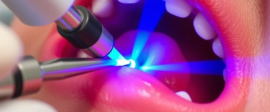 Close-up of dental laser equipment with fiber optic tip during periodontal treatment, showing precise energy delivery to gum tissue, blue laser light visible, professional dental setting