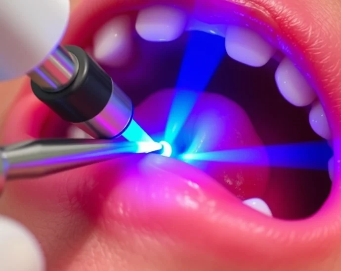 Close-up of dental laser equipment with fiber optic tip during periodontal treatment, showing precise energy delivery to gum tissue, blue laser light visible, professional dental setting
