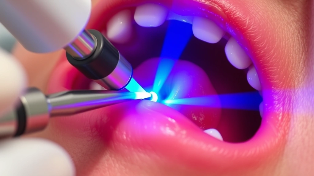 Close-up of dental laser equipment with fiber optic tip during periodontal treatment, showing precise energy delivery to gum tissue, blue laser light visible, professional dental setting