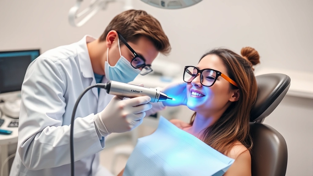 Dentist using handheld diode laser device to treat gum pockets, patient in dental chair with protective eyewear, modern dental operatory with advanced equipment visible