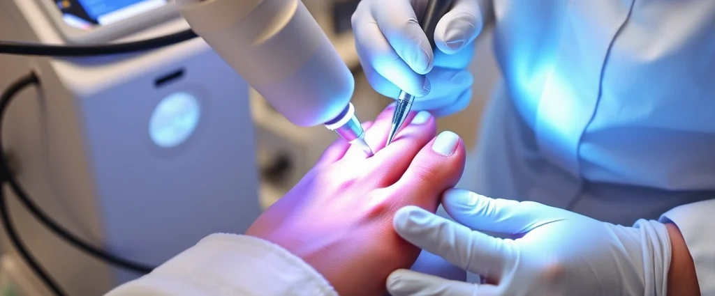 Professional dermatologist performing laser nail therapy treatment on patient's foot, advanced medical laser equipment visible, clinical setting with sterile instruments, close-up of nail being treated with concentrated light beam