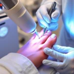 Professional dermatologist performing laser nail therapy treatment on patient's foot, advanced medical laser equipment visible, clinical setting with sterile instruments, close-up of nail being treated with concentrated light beam