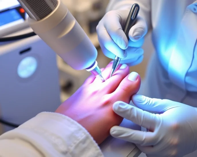 Professional dermatologist performing laser nail therapy treatment on patient's foot, advanced medical laser equipment visible, clinical setting with sterile instruments, close-up of nail being treated with concentrated light beam