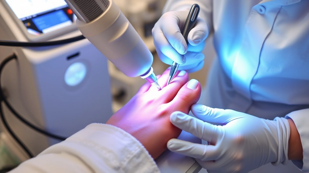 Professional dermatologist performing laser nail therapy treatment on patient's foot, advanced medical laser equipment visible, clinical setting with sterile instruments, close-up of nail being treated with concentrated light beam
