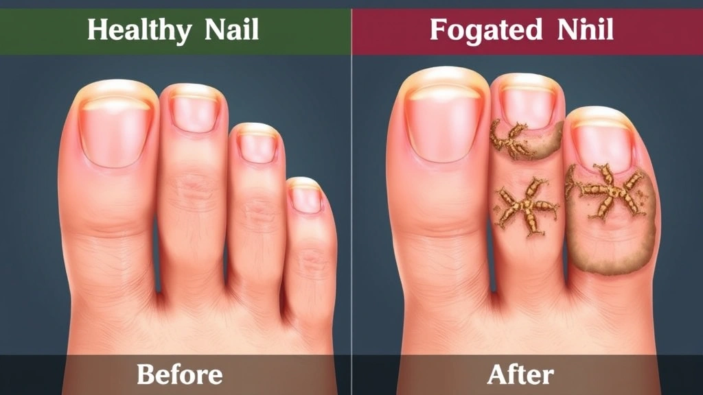 Comparison visualization showing healthy nail versus infected fungal nail progression, before and after treatment stages displayed side by side, medical illustration style with clear tissue differentiation