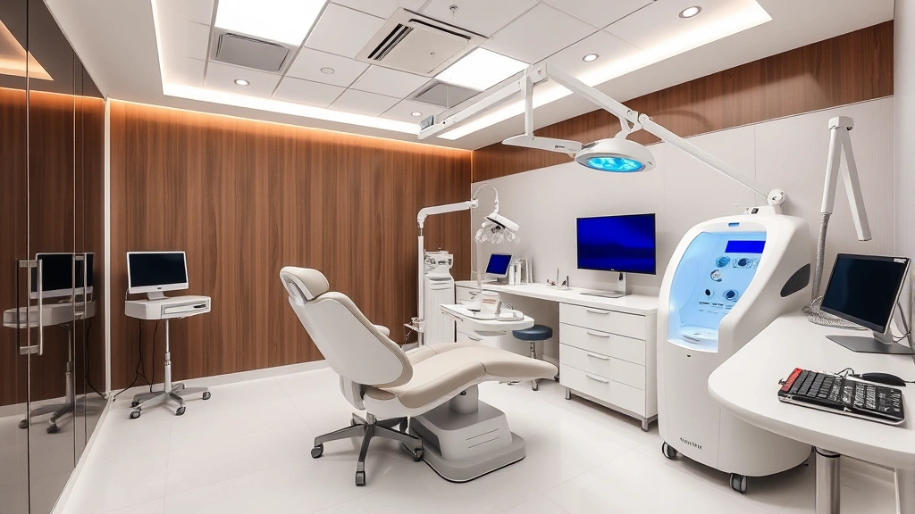 Modern dermatology clinic interior with laser therapy equipment, treatment chair, professional workspace, medical technology setup, clinical environment demonstrating professional nail fungus treatment facility