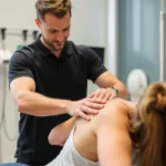 Licensed physical therapist performing manual therapy on patient's shoulder in modern clinical setting, professional healthcare environment, patient receiving treatment