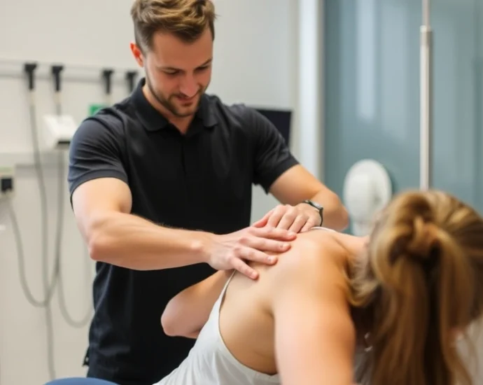 Licensed physical therapist performing manual therapy on patient's shoulder in modern clinical setting, professional healthcare environment, patient receiving treatment