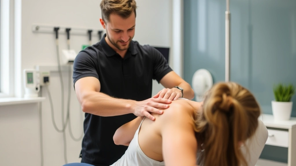 Licensed physical therapist performing manual therapy on patient's shoulder in modern clinical setting, professional healthcare environment, patient receiving treatment