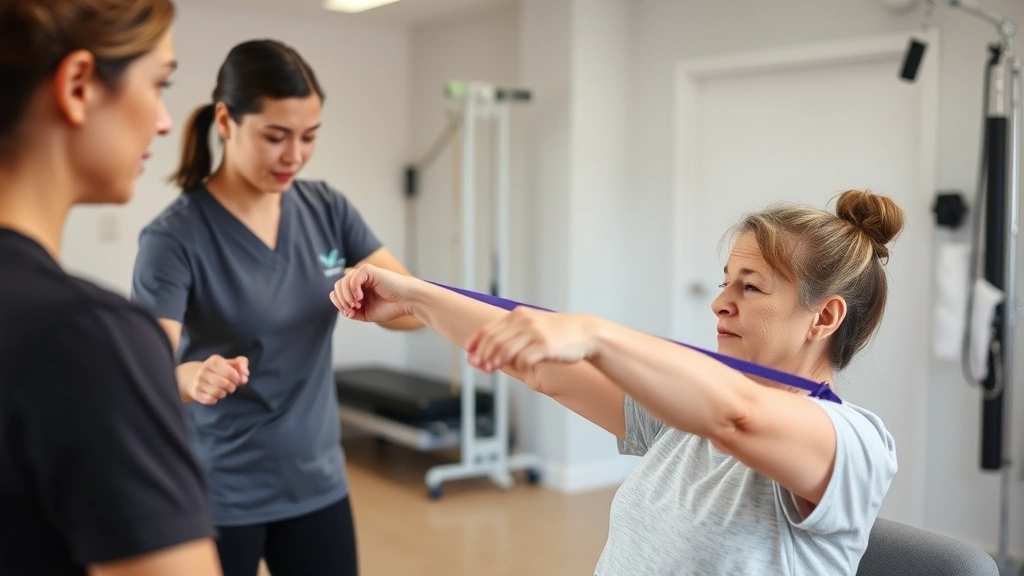 Patient performing therapeutic exercises with resistance band under physical therapist guidance in rehabilitation facility, exercise equipment visible, medical setting