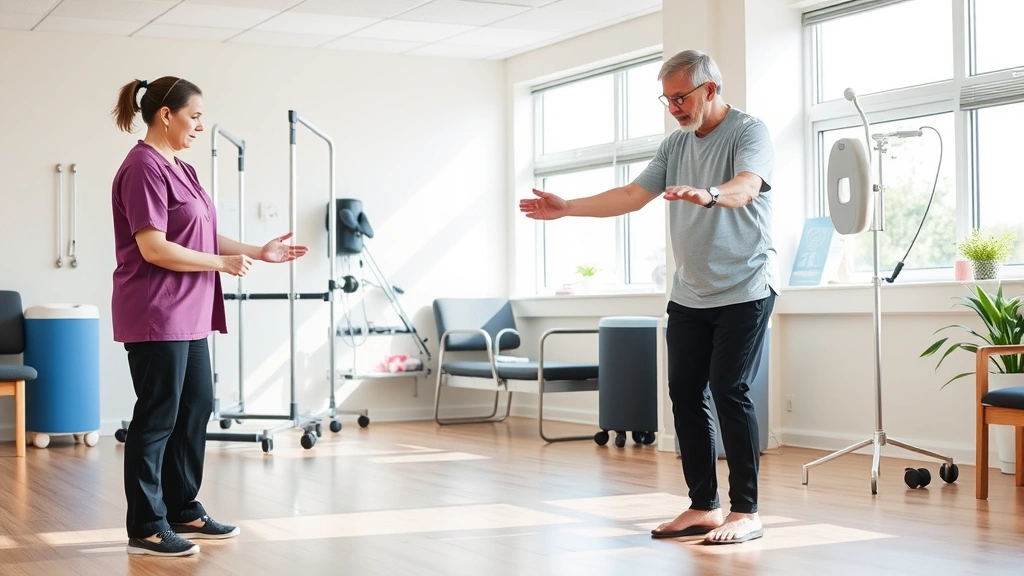 Older adult practicing balance exercises with physical therapist support in bright healthcare facility, safety equipment present, functional training demonstration