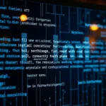 AI analyzing text on a digital interface with neural network visualization, abstract linguistic patterns flowing across a transparent screen, warm professional lighting, minimalist modern design