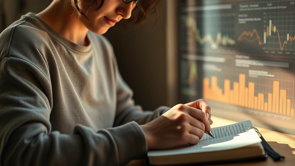 Person writing in a journal with soft natural light, thoughtful expression, surrounded by subtle data visualizations, warm earth tones, peaceful therapeutic environment aesthetic