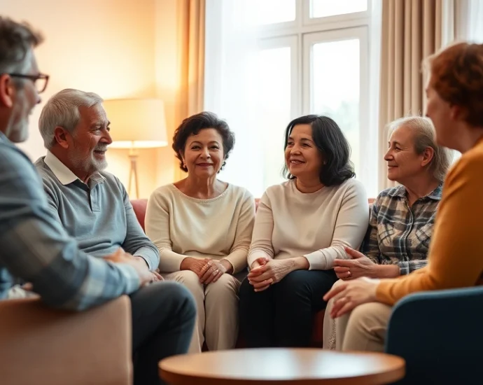 Diverse multigenerational family sitting together in comfortable living room having open conversation with warm lighting, expressing emotional connection and active listening during counseling session