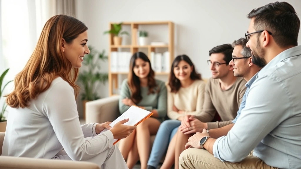 Professional female therapist taking notes during family therapy session in modern office, family members engaged in discussion showing improved communication and understanding with body language