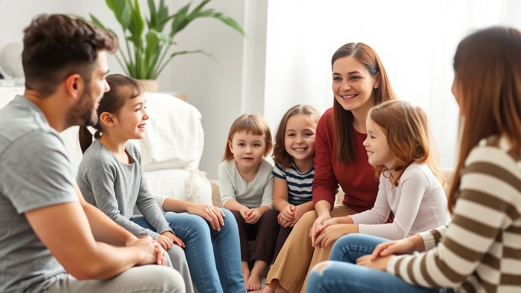 Diverse family members of different ages sitting in circle making eye contact and smiling, demonstrating healthy emotional bonding and resolved conflict after therapy intervention