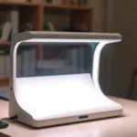 Professional light therapy lamp with 10000 lux output on clinical desk, warm modern office setting, soft focused light beam visible, no text or labels visible