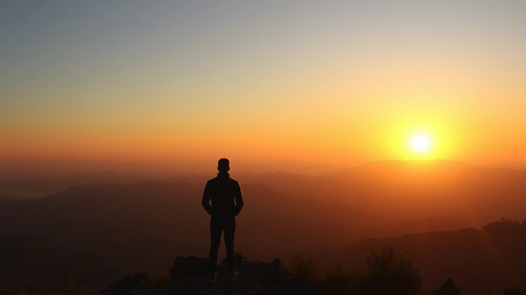 Sunrise landscape over mountains creating natural light gradient, golden hour lighting conditions, person silhouette facing dawn, peaceful wellness atmosphere, photorealistic