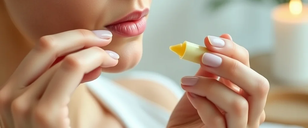 Close-up of hands gently applying natural lip balm with calming botanical ingredients, serene spa-like setting with soft lighting, peaceful expression, wellness focus
