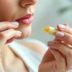 Close-up of hands gently applying natural lip balm with calming botanical ingredients, serene spa-like setting with soft lighting, peaceful expression, wellness focus