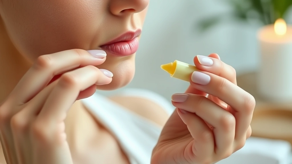 Close-up of hands gently applying natural lip balm with calming botanical ingredients, serene spa-like setting with soft lighting, peaceful expression, wellness focus