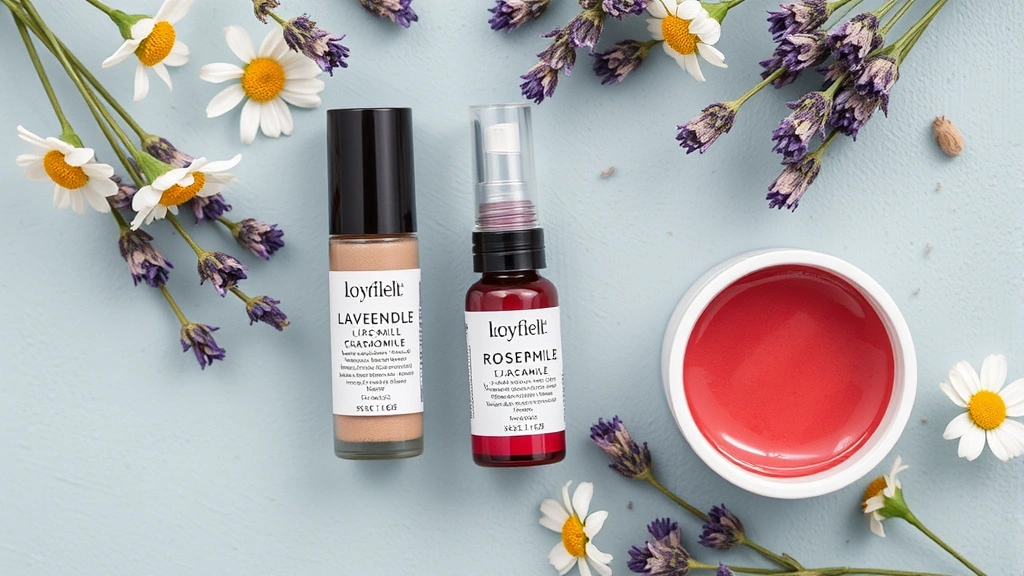 Overhead view of therapeutic lip care products with lavender, chamomile, and rose hip ingredients arranged beautifully, natural wellness aesthetic, professional product photography