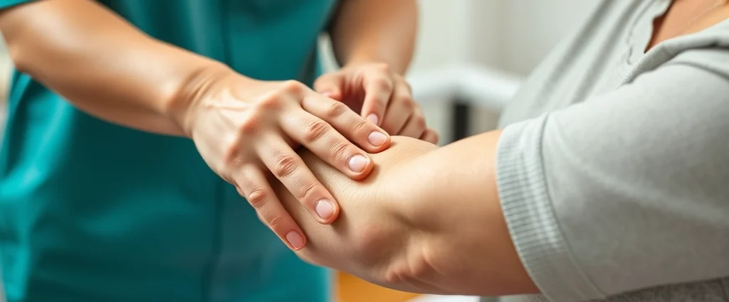 Close-up of skilled lymphedema therapist performing gentle manual drainage technique on patient's arm, hands positioned to guide lymph flow, soft lighting showing therapeutic touch in clinical setting