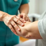 Close-up of skilled lymphedema therapist performing gentle manual drainage technique on patient's arm, hands positioned to guide lymph flow, soft lighting showing therapeutic touch in clinical setting