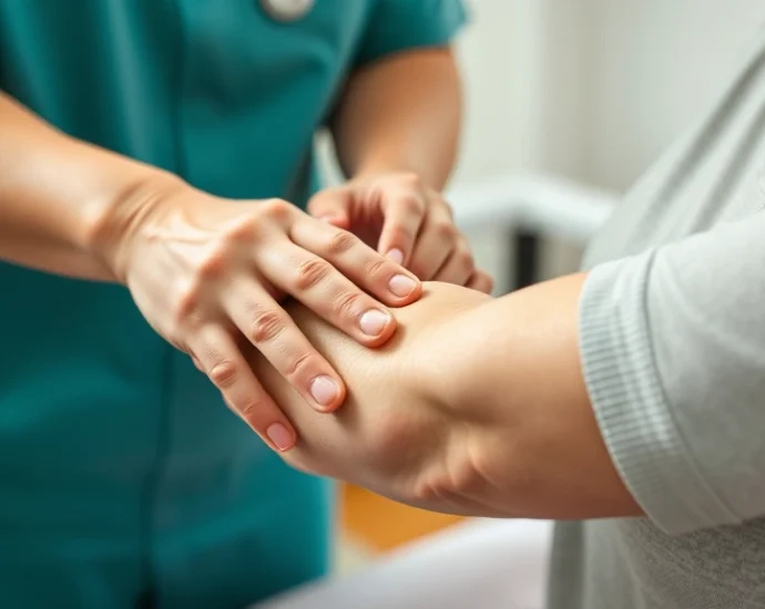 Close-up of skilled lymphedema therapist performing gentle manual drainage technique on patient's arm, hands positioned to guide lymph flow, soft lighting showing therapeutic touch in clinical setting