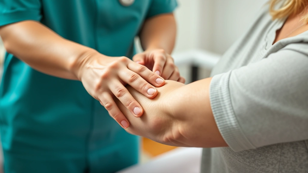 Close-up of skilled lymphedema therapist performing gentle manual drainage technique on patient's arm, hands positioned to guide lymph flow, soft lighting showing therapeutic touch in clinical setting