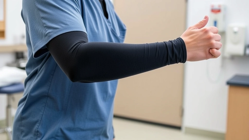 Patient wearing custom-fitted compression sleeve during functional activity, demonstrating normal daily use of compression garment for lymphedema management, professional medical environment