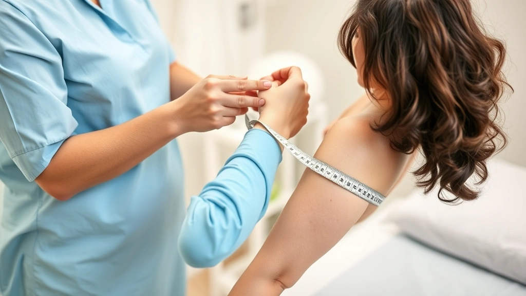 Lymphedema therapy specialist conducting circumferential limb measurements with tape measure to assess treatment progress and disease severity, detailed clinical assessment in therapy clinic