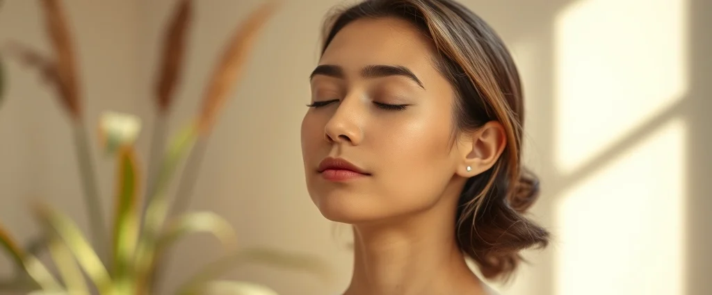 Person meditating in peaceful environment with soft natural lighting, serene facial expression, calm background with plants or nature elements, photorealistic peaceful atmosphere