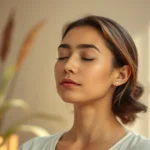 Person meditating in peaceful environment with soft natural lighting, serene facial expression, calm background with plants or nature elements, photorealistic peaceful atmosphere