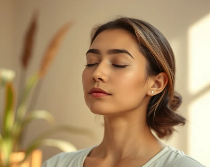Person meditating in peaceful environment with soft natural lighting, serene facial expression, calm background with plants or nature elements, photorealistic peaceful atmosphere