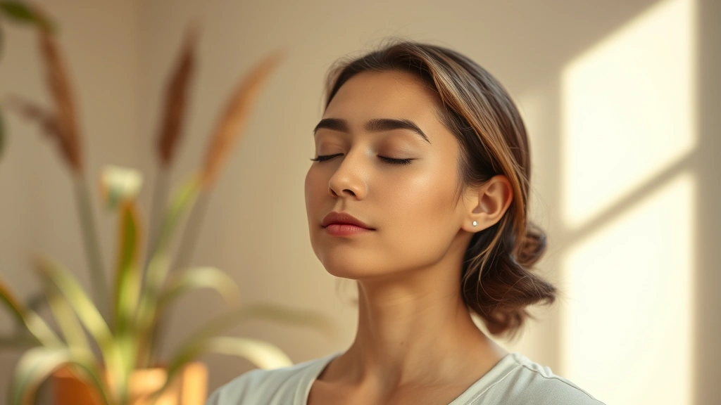 Person meditating in peaceful environment with soft natural lighting, serene facial expression, calm background with plants or nature elements, photorealistic peaceful atmosphere