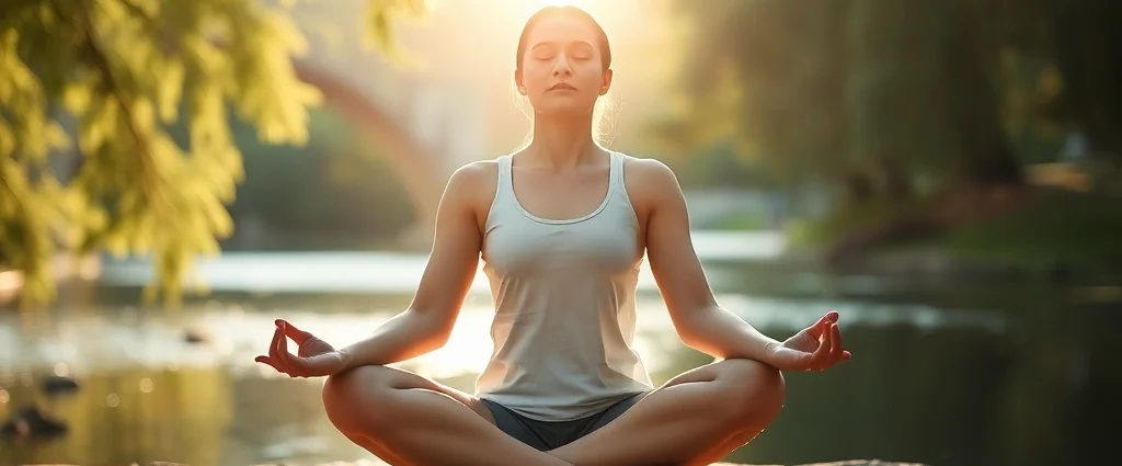 A serene person sitting cross-legged in meditation pose outdoors, surrounded by peaceful natural elements like trees and water, eyes closed in deep focus, warm sunlight filtering through, photorealistic, calm atmosphere