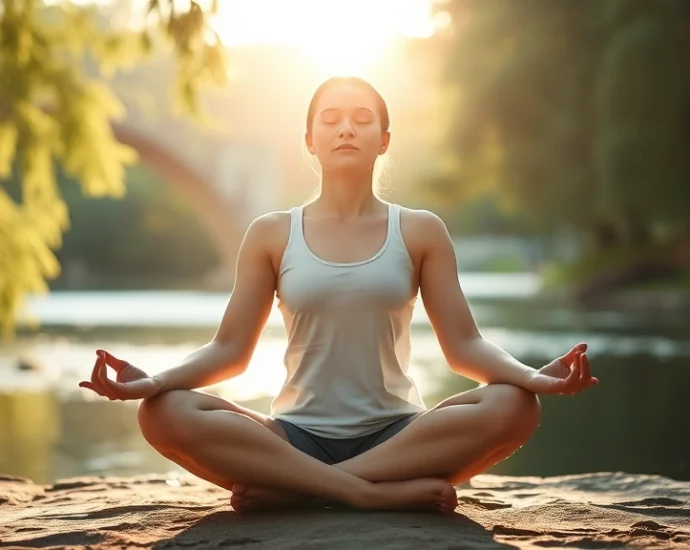 A serene person sitting cross-legged in meditation pose outdoors, surrounded by peaceful natural elements like trees and water, eyes closed in deep focus, warm sunlight filtering through, photorealistic, calm atmosphere
