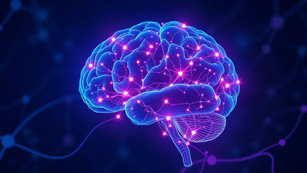 Brain visualization showing glowing neural pathways and synapses lighting up, representing mindfulness meditation activating prefrontal cortex, scientific illustration style, deep blue and purple tones, no text