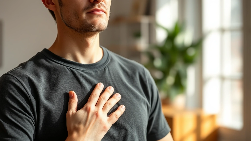 Person practicing mindful breathing with hand on chest, natural indoor lighting, peaceful posture, genuine emotional expression showing calm awareness and present-moment focus