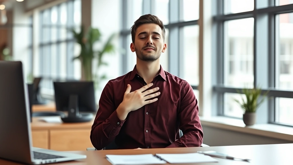 Person practicing mindful breathing in a modern office setting, sitting peacefully at desk with hand on chest, natural window light, professional environment, calm expression, photorealistic