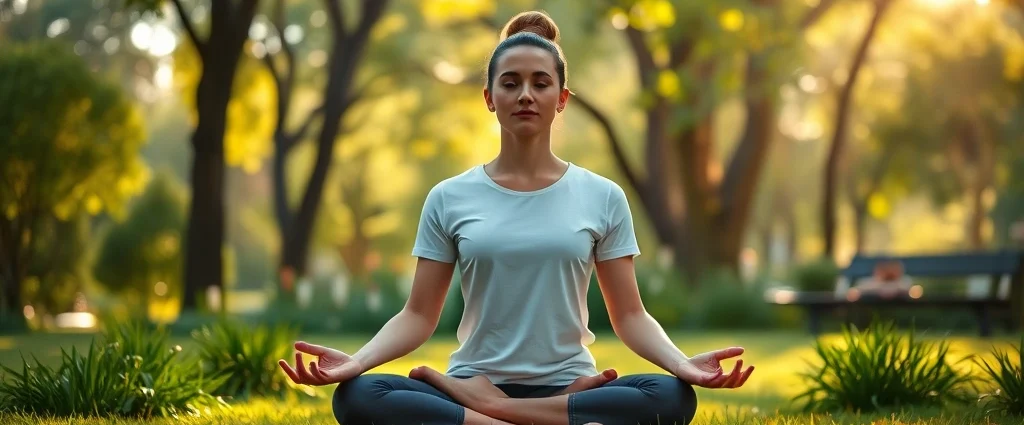 Person sitting in lotus position meditating peacefully in serene natural garden setting with soft sunlight filtering through trees, calm and centered expression, photorealistic