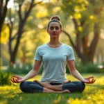 Person sitting in lotus position meditating peacefully in serene natural garden setting with soft sunlight filtering through trees, calm and centered expression, photorealistic