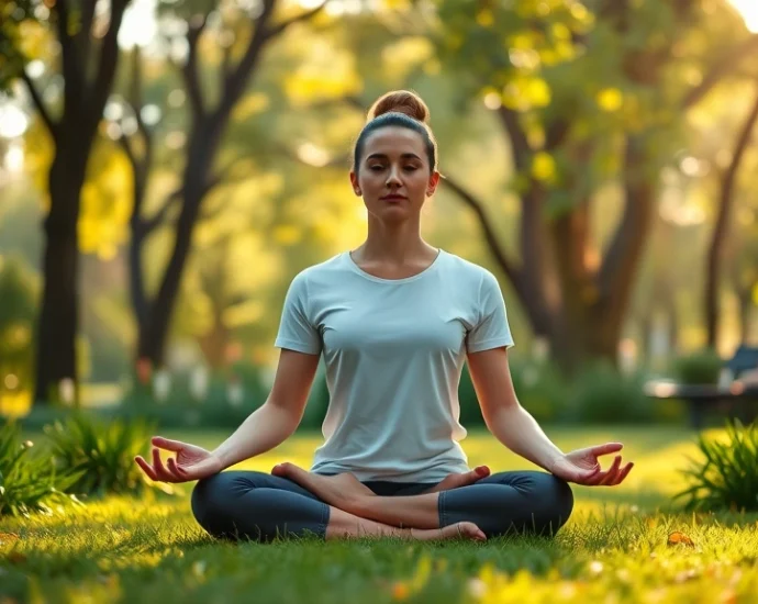 Person sitting in lotus position meditating peacefully in serene natural garden setting with soft sunlight filtering through trees, calm and centered expression, photorealistic