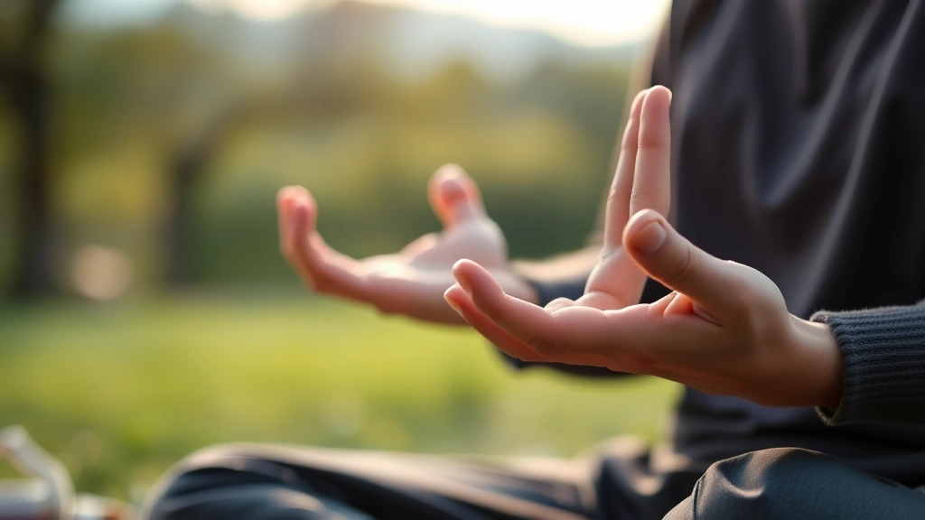 Close-up of hands in meditation mudra position on lap, person sitting outdoors with blurred peaceful nature background, soft natural lighting, serene atmosphere photorealistic