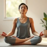 Person meditating in peaceful lotus position, eyes closed with serene expression, soft natural sunlight streaming through window, minimalist meditation space with plants, photorealistic, calm atmosphere
